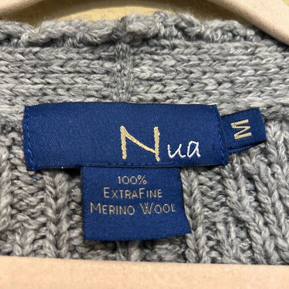 Nua of Ireland 100% Merino Wool Cable V Neck Sweater Womens Medium Gray Pullover - Picture 5 of 5